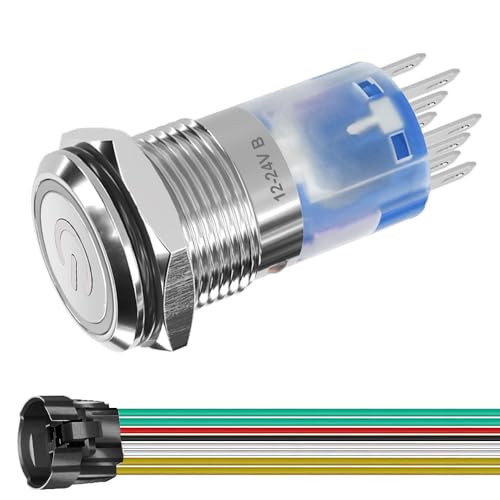 Gebildet Verriegelnder/Selbstverriegelnder Edelstahl-Drucktastenschalter, 16mm Montagedurchmesser, DPDT, 2NO,2NC, 12V–24V/5A, Blaue LED mit Buchsenstecker von Gebildet