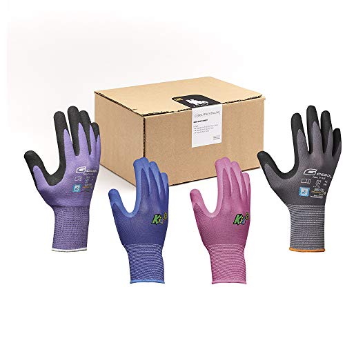 Gebol GOO Handschuhbox Family | Arbeitshandschuhe-Set Familie mit Nitrilhandschuhen, Gartenhandschuhen, Kinderhandschuhen & Schutzbrille | Für Damen, Herren, Kinder | Größe S & L (Gr 7 & 9) | 8 Paar von Gebol