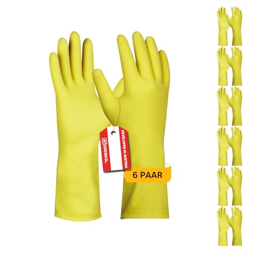 Gebol Dana, 6 Paar Haushalt-Gummihandschuhe mit 27cm langer Stulpe, latexbeschichtete Putzhandschuhe für eine sichere Reinigung im Haushalt, mit rutschfester Textur, Gr. XL/10, Gelb Gebol Dana, 6 Paar Haushalt-Gummihandschuhe mit 27cm langer Stulpe, latexbeschichtete Putzhandschuhe für eine sichere Reinigung im Haushalt, mit rutschfester Textur, Gr. XL/10, Gelb von Gebol