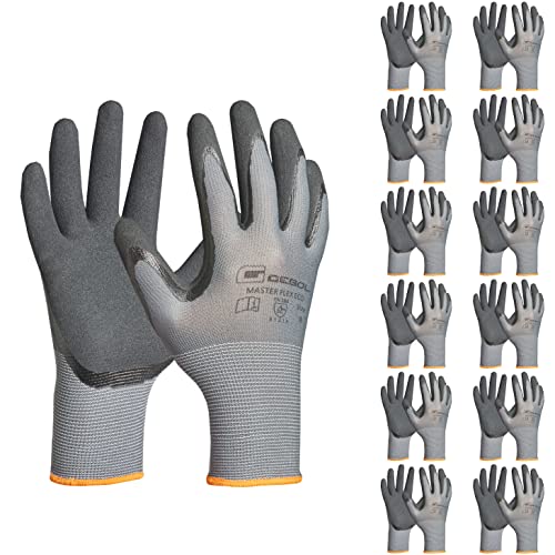 Gebol Master Flex Eco 12er Set | Arbeitshandschuhe mit Nitril-Beschichtung | sicherer Griff | Nitrilhandschuhe für Werkstatt & Garten | Damen und Herren | Größe XL (Gr 10) | Grau | 12 Paar Multipack von Gebol