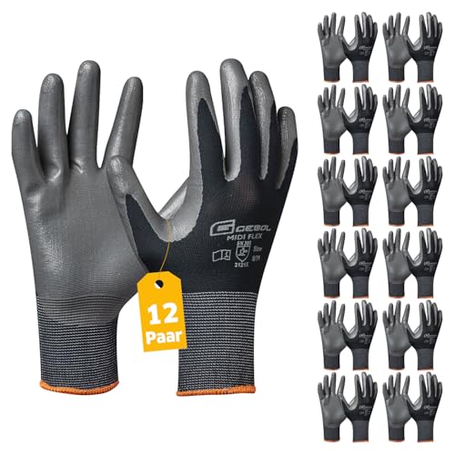 Gebol Midi Flex, 12 Paar Arbeitshandschuhe Herren, Nitril-beschichtete Montagehandschuhe für Nass- & Ölarbeiten, rutschfeste Handschuhe für Werkstatt & Garten, Gr. XXL (Gr.11), Schwarz von Gebol