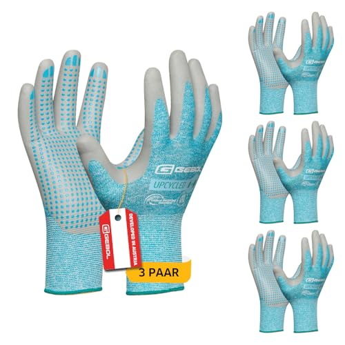 Gebol Upcycled Touch, 3 Paar nachhaltiger Arbeitshandschuh mit Touch-Funktion, Nitril-Beschichtung mit rutschhemmenden Noppen, für Damen und Herren, Größe M (Gr. 8), Farbe: Türkis von Gebol