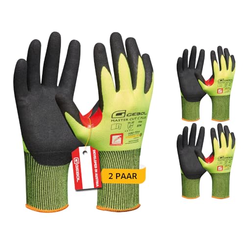 Gebol Master Cut C Plus, Arbeitshandschuhe aus Nitril, 2 Paar, Schnittschutzhandschuhe mit verstärktem Daumen-Zeigefinger-Bereich, Nitrilhandschuhe, Schutz vor Öl & Nässe, Gr. XL (Gr.10), Neon Gelb von Gebol