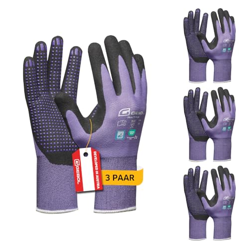 Gebol Multi Flex Lady, 3 Paar Arbeitshandschuhe Damen, Nitril-beschichtete Gartenhandschuhe mit Noppen für extra Grip, atmungsaktiv, dermatologisch getestet, Gr.M (Gr.8), Lila von Gebol