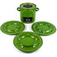 Vintage Keramik Fondue Set + 6 Teller in Grün Rar Um 1970 Space Age von Gebrauchsobjekte