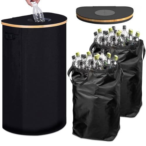 100L Pfandflaschen Sammelbehälter mit Deckel & Abnehmbaren Tragetaschen, Schwarz Behälter Leergut & Altglas Aufbewahrung, Küche Abstellraum Flaschentasche von Gebrazy