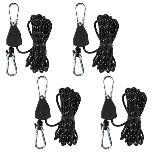 4 Stück Verstellbarer Seil Ratsche, 4m Abspannseile mit Seilspanner, 4mm Leichte Abspannleine Zeltschnur Einstellbare Seilratsche mit Haken für Campingzelte Markisen (Schwarz) von Gebrazy