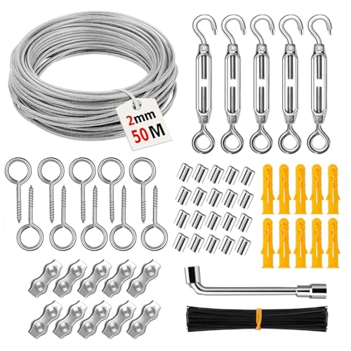 77 Stück Drahtseil Kit, 50M 2mm 304 Edelstahl Stahlseil, Seilspanngarnitur mit Spannschlösser, Drahtseilklemmen, Aluminium-Crimphülse für Zäune, String Light Suspension Wäscheleine, Kletterpflanzen von Gebrazy
