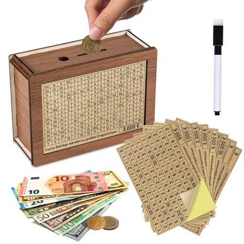 Gebrazy Spardose Holz, Retro Sparbüchse Aufbewahrungsbox, Sparbox mit Zahlen Ankreuzen, Sparbox mit Ziel €500 €1,000 €2,000 €3,000 €5,000 €10,000 Euro (8 Stück) von Gebrazy