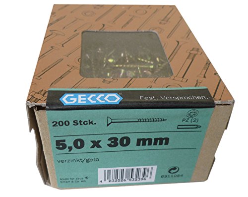 200Stk. GECCO M5 x30mm Spanplattenschrauben PZ 2 gelb verzinkt Holzschrauben 5,0 x 30 mm 6311054 von Gecco