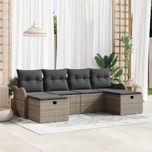 6-teiliges Garten Sofa Set mit Kissen in grauem, 2-Sitzer Garten Sofa mit Kissen in grauem Poly Rattan, Gartenlounge Esstisch Lounge Möbel Set für Outdoor Garten Terrasse Balkon Möbel3359018 von Gecheer