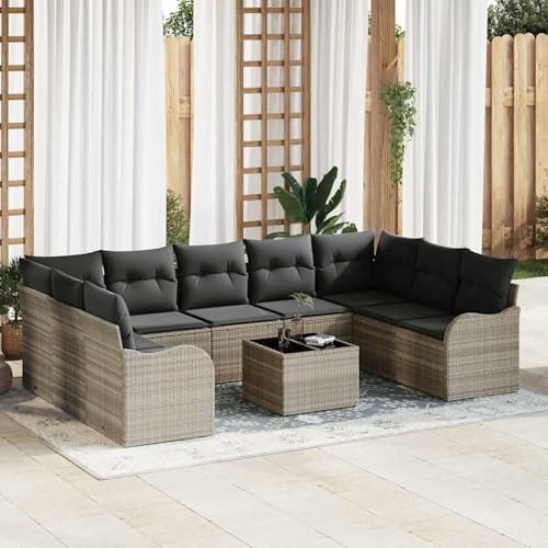 Gecheer 10 Teile Garten Sofa Set mit Kissen Grau, 2-Sitzer Garten Sofa mit Stauraum & Kissen Poly Rattan, Garten Sitzgruppe Esstisch Essgruppe Gartenmöbel Set für Balkon Terrasse Café-Bereich3354541 von Gecheer