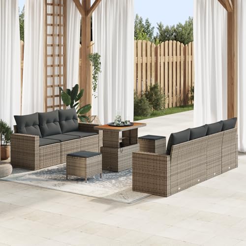 Gecheer 10-teiliges Garten Sofa Set mit Kissen Grau Poly Rattan Akazie von Gecheer