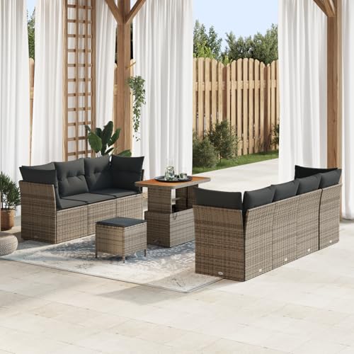 Gecheer 10-teiliges Garten Sofa Set mit Kissen Grau Poly Rattan Akazie von Gecheer