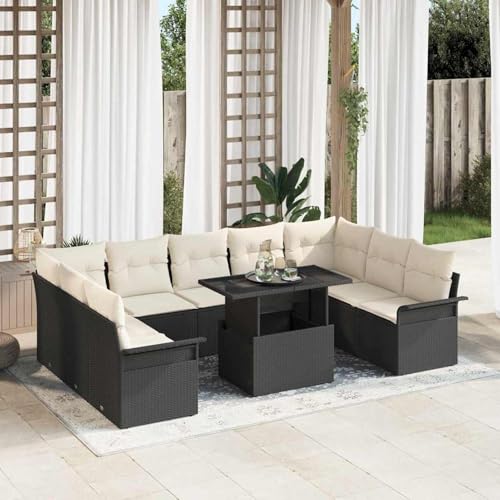 Gecheer 10-teiliges Garten-Sofa-Set mit Kissen Schwarz Poly-Rattan, Garten Sitzgruppe Esstisch Essgruppe Gartenmöbel Set für Balkon Terrasse Café-Bereich3348343 von Gecheer