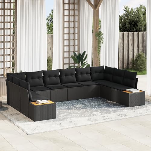 Gecheer 10-teiliges Garten Sofa Set mit Kissen Schwarz Poly Rattan Akazie von Gecheer