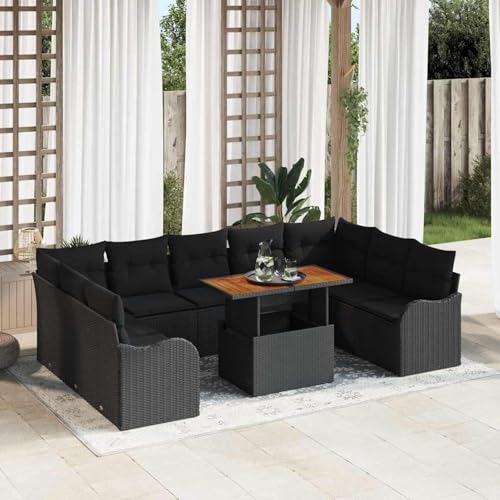 Gecheer 10-teiliges Garten-Sofa-Set mit Kissen Schwarzes, 2-Sitzer Garten-Sofa mit Kissen Schwarzes Poly Rattan, Gartenlounge Esstisch Lounge Möbel Set für Garten Terrasse Balkon Möbel3349505 von Gecheer
