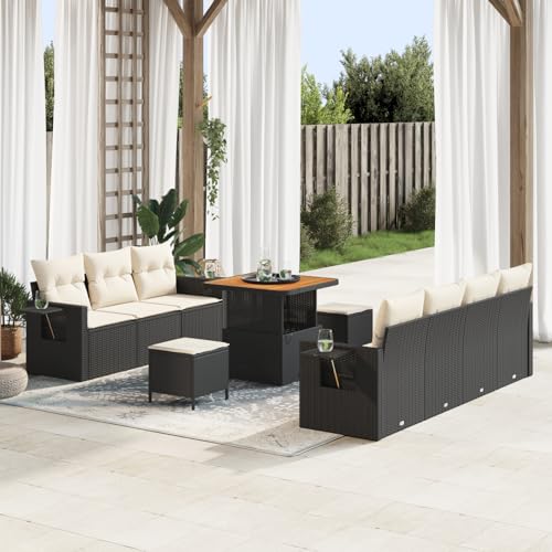 Gecheer 10-teiliges Garten Sofa Set mit Kissen in Schwarz Poly-Rattan Akazie von Gecheer