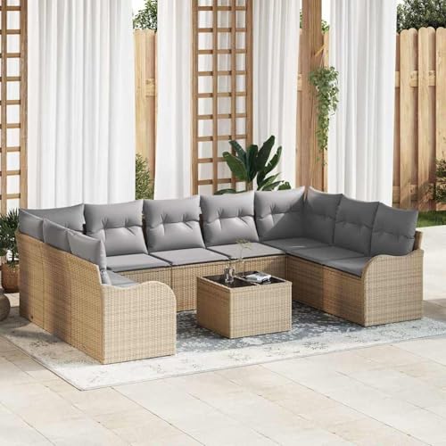 Gecheer 10-teiliges Garten Sofa Set mit Kissen in Schwarzem, 2-Sitzer Garten Sofa mit Kissen in Beigem Poly Rattan, Garten Sitzgruppe Esstisch Essgruppe für Balkon Terrasse Café-Bereich3345870 von Gecheer