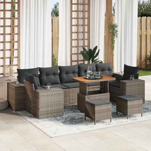 Gecheer 10-teiliges Garten Sofaset mit Kissen Grau Poly Rattan Akazie von Gecheer