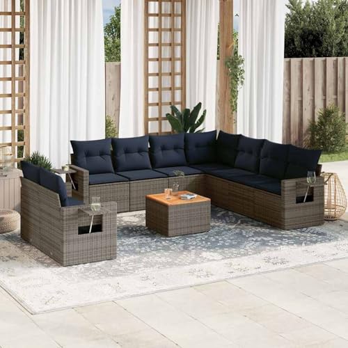 Gecheer 10-teiliges Gartensofa-Set mit Kissen, grau, Polyrattan, Gartenlounge Esstisch Lounge Möbel Set für Outdoor Garten Terrasse Balkon Möbel3224633 von Gecheer
