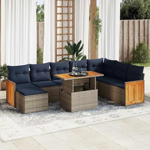 Gecheer 11-TLG. Garten-Sofagarnitur mit Kissen Grau Poly Rattan Akazie, Gartenlounge Esstisch Lounge Möbel Set für Outdoor Garten Terrasse Balkon Möbel von Gecheer