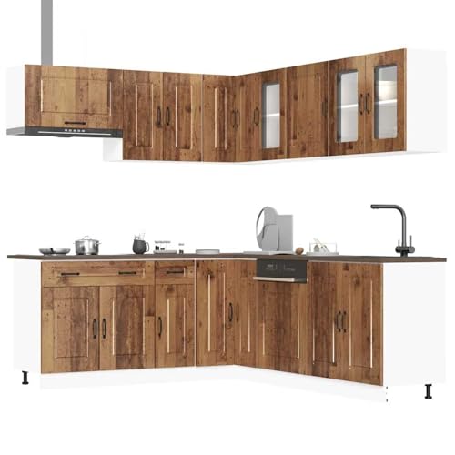 Gecheer 11-TLG. Küchenschrank-Set Kalmar Altholz-Optik Holzwerkstoff Küchenzeile Küchenblock Hängender Küchenschrank Lagerschrank von Gecheer