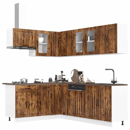 Gecheer 11-TLG. Küchenschrank-Set Lucca Räuchereiche Holzwerkstoff Küchenzeile Küchenblock Hängender Küchenschrank Lagerschrank von Gecheer
