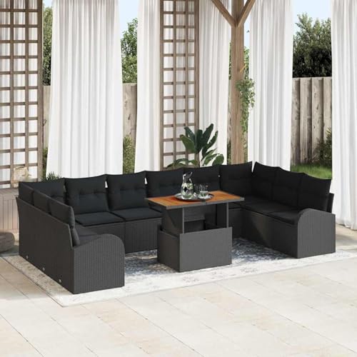 Gecheer 11-teiliges Garten-Esszimmer-Set mit Kissen Schwarz Poly-Rattan Akazie, Outdoor Essgruppe Wetterfeste Sitzgruppe Esstisch Stühlen for Terrasse Garten Balkon3349638 von Gecheer