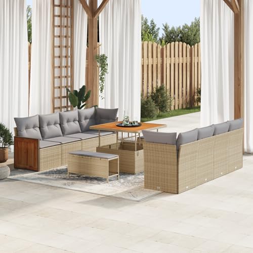 Gecheer 11-teiliges Garten Sofa Set mit Kissen Beige Poly Rattan Akazie von Gecheer