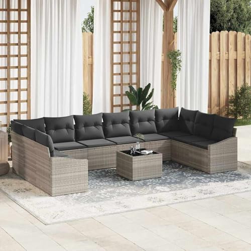 Gecheer 11-teiliges Garten Sofa Set mit Kissen Grau Poly Rattan, Garten Sitzgruppe Esstisch Essgruppe Gartenmöbel Set für Balkon Terrasse Café-Bereich3346912 von Gecheer