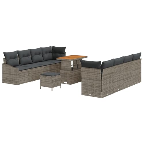 Gecheer 11-teiliges Garten Sofa Set mit Kissen Grau Poly Rattan Akazie von Gecheer