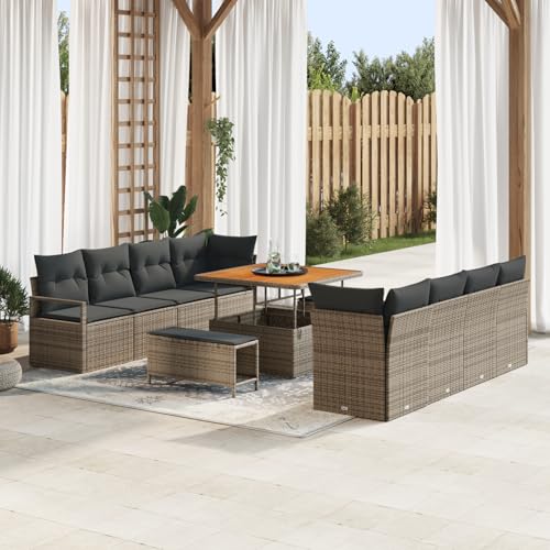 Gecheer 11-teiliges Garten Sofa Set mit Kissen Grau Poly-Rattan Akazie von Gecheer