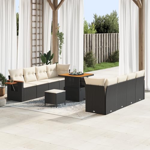 Gecheer 11-teiliges Garten Sofa Set mit Kissen Schwarz Poly Rattan Akazie von Gecheer