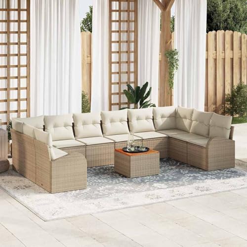 Gecheer 11-teiliges Garten-Sofaset mit Kissen Beige, 2-Sitzer Gartenbank mit Stauraum & Kissen Beige Poly Rattan, Garten Sitzgruppe Esstisch Essgruppe für Balkon Terrasse Café-Bereich3356300 von Gecheer