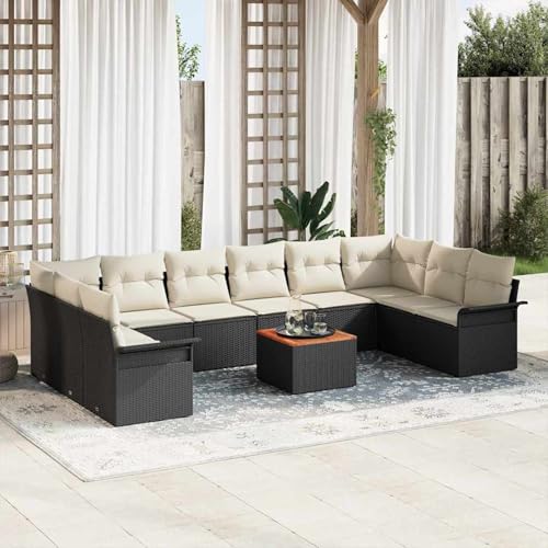 Gecheer 11-teiliges Gartensofa-Set mit Kissen in Schwarz und Creme, Garten Sitzgruppe Esstisch Essgruppe Gartenmöbel Set für Balkon Terrasse Café-Bereich von Gecheer