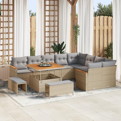 Gecheer 12-teiliges Garten-Sofa-Set mit Kissen Beige Poly Rattan Akazie von Gecheer