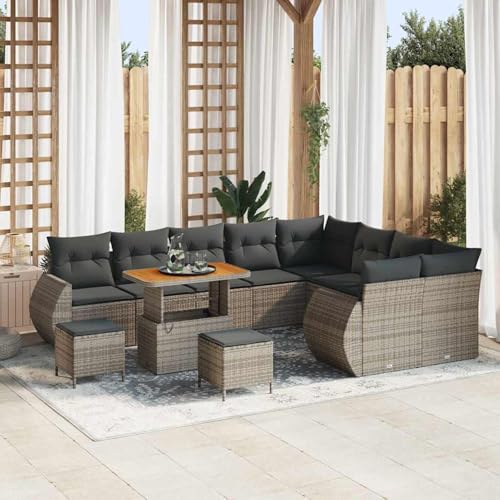Gecheer 12-teiliges Garten Sofa Set mit Kissen Grau Poly Rattan Akazie, Outdoor Lounge Sitzgruppe zum Entspannen für Terrasse und Garten3361918 von Gecheer