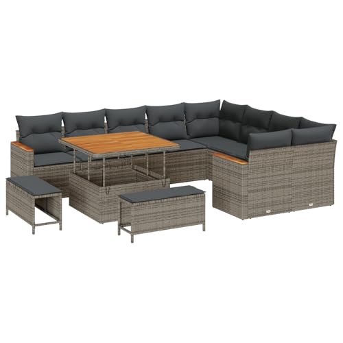 Gecheer 12-teiliges Garten Sofa Set mit Kissen Grau Poly Rattan Akazie von Gecheer