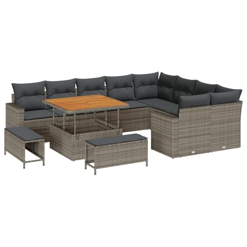 Gecheer 12-teiliges Garten Sofa Set mit Kissen Grau Poly Rattan Akazie von Gecheer
