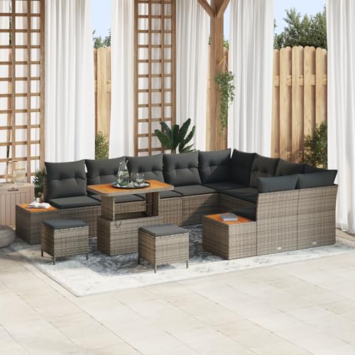 Gecheer 12-teiliges Garten-Sofa-Set mit Kissen Grau Poly-Rattan Akazie von Gecheer