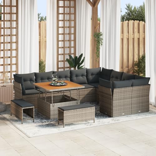 Gecheer 12-teiliges Garten Sofa Set mit Kissen Grau Poly Rattan Akazie von Gecheer