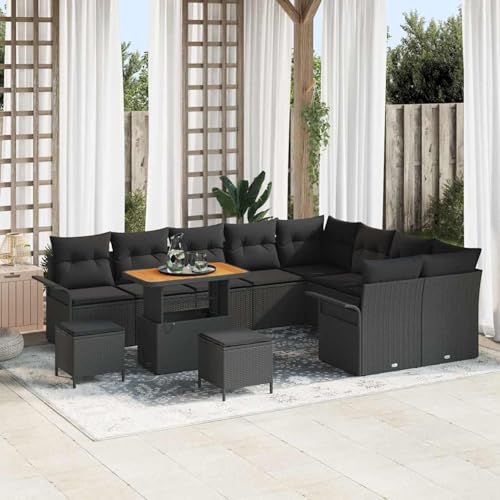 Gecheer 12-teiliges Garten Sofa Set mit Kissen Schwarz, 2-Sitzer Garten Sofa mit Stauraum & Kissen Schwarz, Garten Sitzgruppe Esstisch Essgruppe für Balkon Terrasse Café-Bereich3364124 von Gecheer