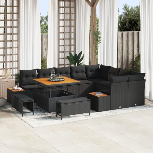Gecheer 12-teiliges Garten-Sofa-Set mit Kissen Schwarz Poly-Rattan Akazie von Gecheer