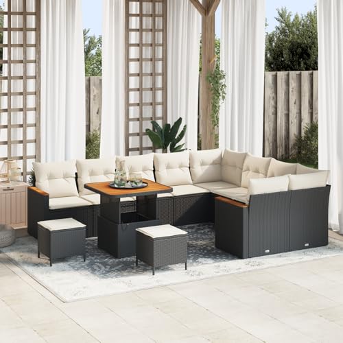 Gecheer 12-teiliges Garten-Sofa-Set mit Kissen Schwarz Poly-Rattan Akazie von Gecheer