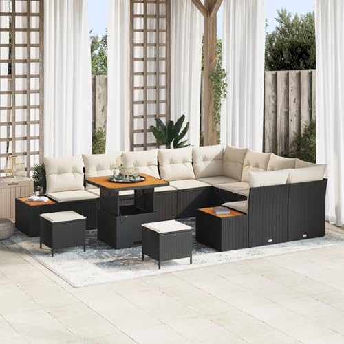 Gecheer 12-teiliges Garten Sofa Set mit Kissen Schwarzes Poly Rattan Akazie von Gecheer