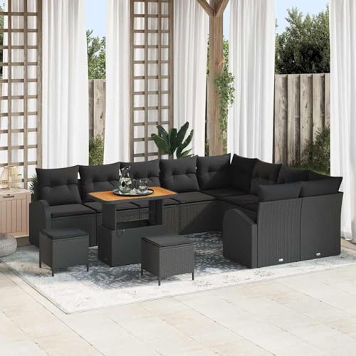 Gecheer 12-teiliges Garten Sofa Set mit Polstern Schwarz, 2-Sitzer Garten Sofa mit Stauraum und Polstern, Gartenlounge Esstisch Lounge Möbel Set für Outdoor Garten Terrasse Balkon Möbel3364384 von Gecheer