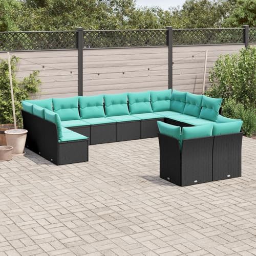 Gecheer 12-teiliges Gartensofa-Set mit Kissen, schwarzes Polyrattan, Gartenlounge Esstisch Lounge Möbel Set für Outdoor Garten Terrasse Balkon Möbel3218427 von Gecheer