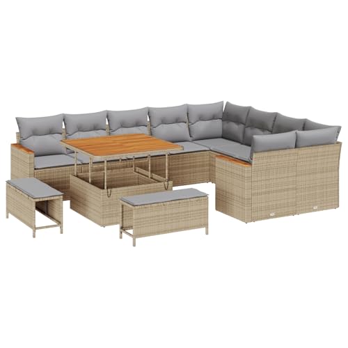 Gecheer 12-teiliges Gartensofa-Set mit Kissen Beige Poly Rattan Akazie von Gecheer