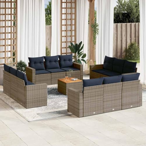 Gecheer 13-TLG. Garten-Sofagarnitur mit Kissen Grau Poly Rattan, Garten Sitzgruppe Esstisch Essgruppe Gartenmöbel Set für Balkon Terrasse Café-Bereich von Gecheer